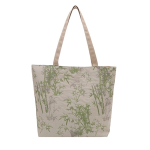Minimalist beige tote bag with green bamboo print and spacious interior for daily use