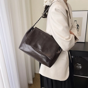 Deep brown oil wax leather shoulder bag with chain strap and large capacity for women