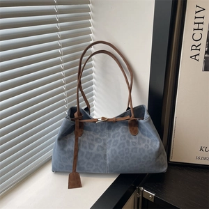 Vintage Leopard Print Tote Bag For Women Faux Suede Large Capacity Shoulder Bag With Magnetic Buckle Fashion Handbag