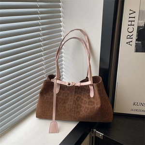 Fashion Leopard Print Large Capacity Tote Bag For Women Vintage Underarm Shoulder Handbag Suede Feel Soft Daily Casual Travel Bag
