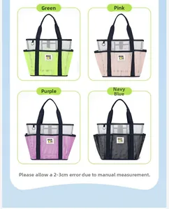 Mesh beach bag detail showing four color options in green, pink, purple, and navy blue