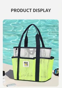 Mesh beach bag with neon yellow and white panels near a blue pool with accessories