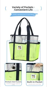 Detail view of large mesh beach bag featuring multiple side pockets and brand patch