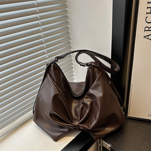 Women PU Leather Large Capacity Bow Shoulder Bag Pleated Soft Handbag Fashion Tote Lazy Style Commuter Crossbody Bag