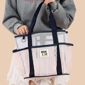 Women Large Capacity Mesh Tote Bag Breathable Beach Handbag Multi Pocket Travel Storage Color Block Shoulder Bag