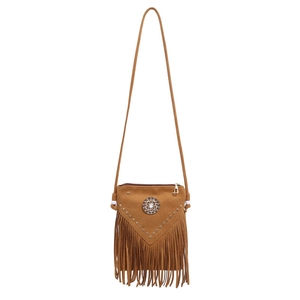 Brown suede crossbody bag with fringe tassels and vintage rivet details for women
