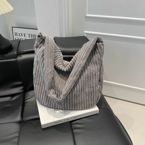 Minimalist grey corduroy tote bag for women, large capacity shoulder bag for winter commute