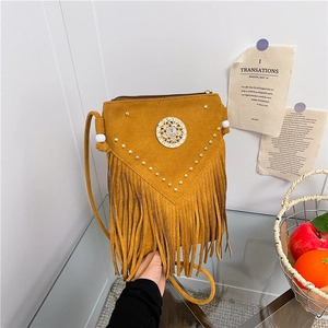 Bohemian Fringe Crossbody Bag Faux Suede Tassel Rivet Saddle Bag Vintage Ethnic Style Shoulder Bag For Daily Travel