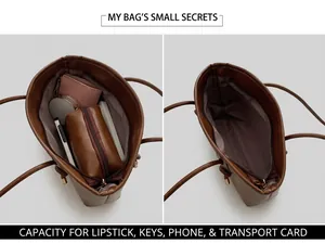 Interior layout of large brown leather tote bag showing spacious main compartment space
