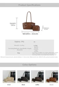 Detailed size chart and multi-color options for vintage PU leather tote and coin bag set