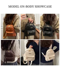 Multiple views of woven texture backpack showing model carrying it in different colors
