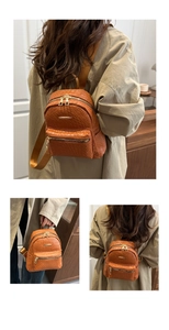 Detail of a brown woven texture mini backpack with gold hardware on a casual trench coat