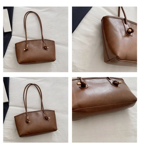 Detailed views of brown PU leather tote bag with unique knot handles and gold hardware