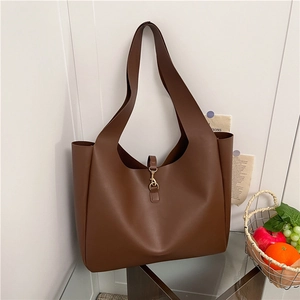 Large Capacity PU Leather Tote Bag For Women Minimalist Shoulder Handbag With Metal Hook Solid Color Commuter Hobo Bag
