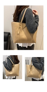 Detail of adjustable strap with gold buckles on a beige PU leather tote bag for women