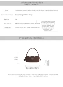 Size chart showing 28cm length for a matte PU leather crossbody bag with adjustable strap