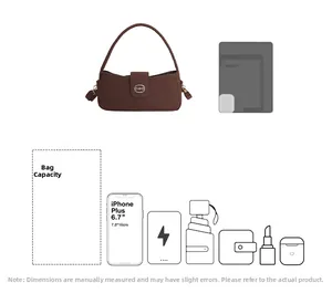 Brown vintage baguette bag interior showing capacity for smartphone and cosmetics