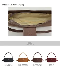 Detail view of leather shoulder bag interior and four color options in black and brown
