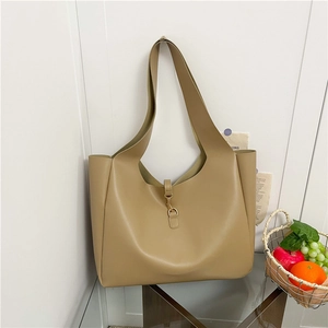 Minimalist khaki large capacity PU leather tote bag with elegant hobo crescent shape