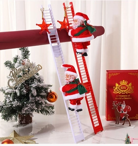 Detail of climbing Santa Claus dolls on red and white ladders with festive star toppers