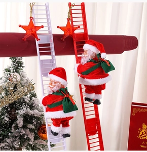 Close-up of Santa Claus climbing ladders with star accents for Christmas decor
