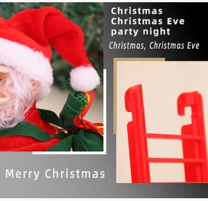 Detail of Santa Claus figure with plush hat and red plastic ladder for holiday decor