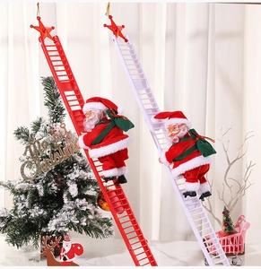 Detail showing climbing Santa Claus figure with green gift bag on a red ladder