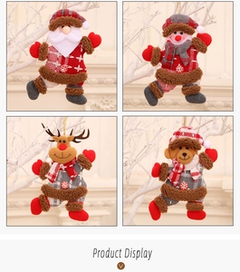 Detailed view of four plush Christmas ornaments featuring Santa, snowman, deer, and bear icons