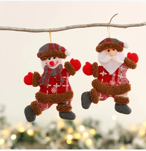 Close-up of fabric Santa and Snowman hanging ornaments with red plaid and faux fur detail