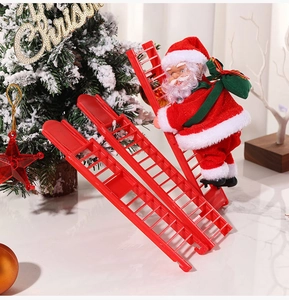 Climb-up electric Santa Claus toy on red ladders with green gift bag and festive decor