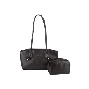 Deep brown leather tote bag set with matching small zipper pouch on white background