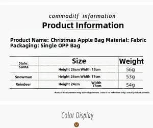 Size chart showing height and weight for Santa, Snowman, and Reindeer Christmas gift bags