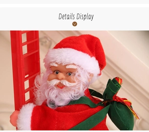 Close-up of electric Santa Claus plush doll with red outfit and green gift bag on ladder