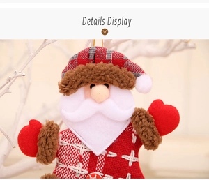 Close-up of dancing Santa Christmas ornament with red plaid fabric and plush details