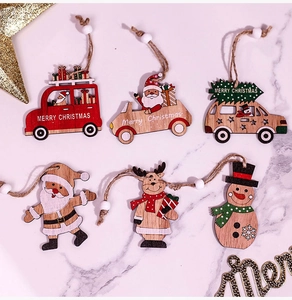 Detailed view of 6-piece wooden Christmas pendants with rustic twine and white beads