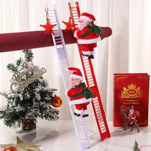 Electric Climbing Santa Claus On Ladder With Music Festive Velvet Plastic Christmas Ornament For Indoor Party Home Decoration