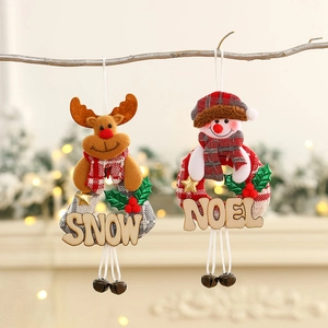 Christmas reindeer and snowman wooden ornaments with bells for holiday tree decoration