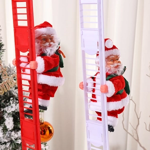 Animated Santa Claus climbing ladder music toy with festive Christmas tree background