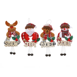 Set of 4 Christmas tree ornaments with Santa, snowman, bells and wood JOY signs