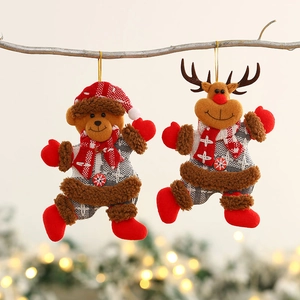 Christmas tree hanging ornaments featuring plush reindeer and bear with red plaid fabric