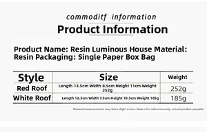 Size chart for glowing resin Christmas house ornaments with specific measurements and weights
