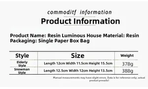 Size chart showing product parameters for the resin luminous house Christmas ornament