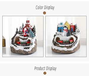 Detail of resin Christmas village with rotating train and hand-painted snow scene