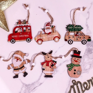 6-piece colorful Christmas wooden ornaments set featuring Santa, cars and snowman