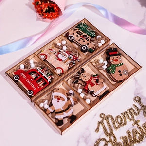 Festive wooden Christmas pendant set with Santa and reindeer in a gift box