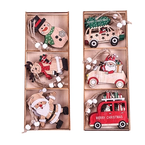 Set of 6 colorful Christmas wooden pendants with Santa, snowman and car ornaments