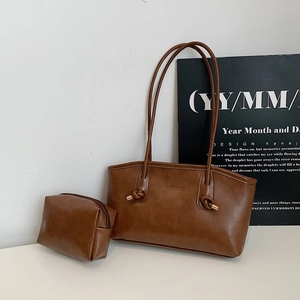 Large Capacity PU Leather Tote Bag Women Fashion Minimalist Shoulder Bag With Inner Pouch Casual Commuter Handbag
