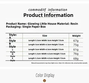 Size chart for resin glowing Christmas house ornaments showing dimensions and weights