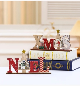 Detailed view of XMAS and NOEL wooden Christmas table signs with festive gnome motifs