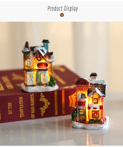 Detailed macro view of glowing LED Christmas resin miniature houses with snow texture